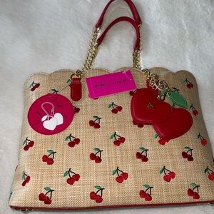 NWT Betsy Johnson Cherry Tote Bag Viral Novelty Handbag Purse Rattan Heart Large